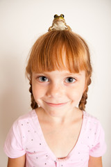 Happy Princess Girl with a Frog on Her Head, Fairy Tale Magic