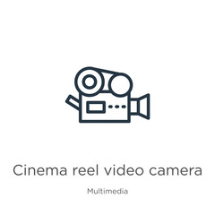 Cinema reel video camera icon. Thin linear cinema reel video camera outline icon isolated on white background from multimedia collection. Line vector sign, symbol for web and mobile