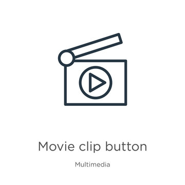 Movie clip button icon. Thin linear movie clip button outline icon isolated on white background from multimedia collection. Line vector sign, symbol for web and mobile
