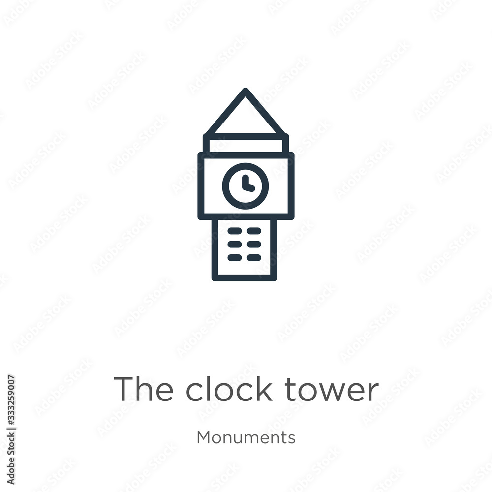 Poster the clock tower icon. thin linear the clock tower outline icon isolated on white background from mon
