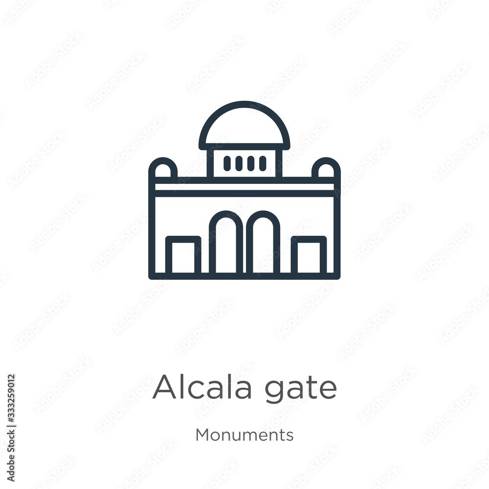 Poster alcala gate icon. thin linear alcala gate outline icon isolated on white background from monuments c