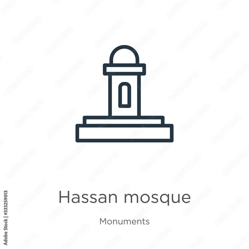 Poster hassan mosque icon. thin linear hassan mosque outline icon isolated on white background from monumen
