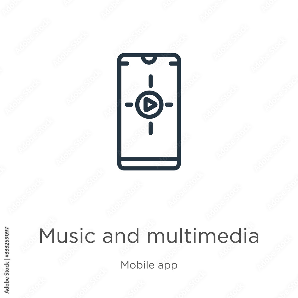 Poster music and multimedia icon. thin linear music and multimedia outline icon isolated on white backgroun