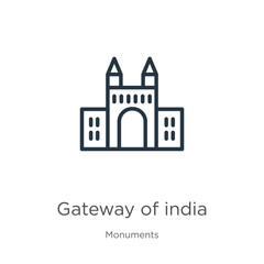 Obraz premium Gateway of india icon. Thin linear gateway of india outline icon isolated on white background from monuments collection. Line vector sign, symbol for web and mobile