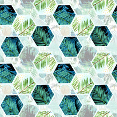 watercolor pieces of palm leaves and  hexagon seamless pattern ilustration. tropical background 