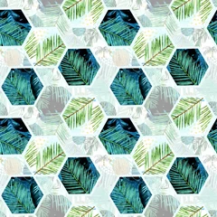 Fotobehang Hexagon aquarel stukken van palmbladeren en zeshoek naadloze patroon ilustration. tropische achtergrond