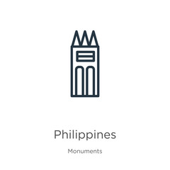 Philippines icon. Thin linear philippines outline icon isolated on white background from monuments collection. Line vector sign, symbol for web and mobile