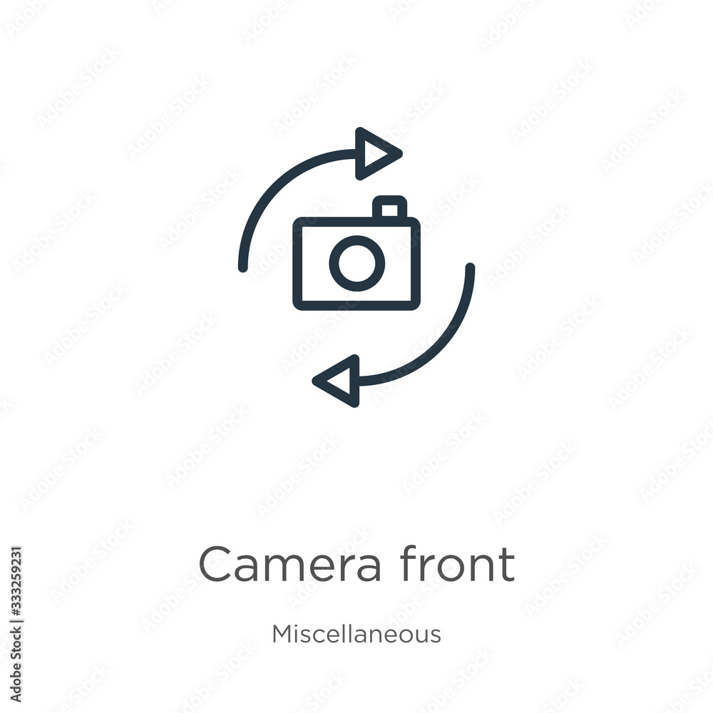 Poster camera front icon. thin linear camera front outline icon isolated on white background from miscellan