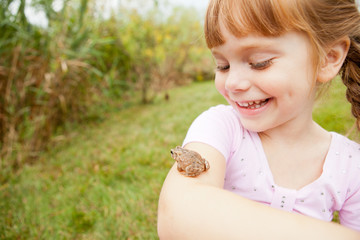 Happy Princess Girl with a Toad Outside, Fairy Tale Magic