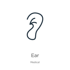 Ear icon. Thin linear ear outline icon isolated on white background from medical collection. Line vector sign, symbol for web and mobile