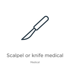 Scalpel or knife medical surgery cutting tool icon. Thin linear scalpel or knife medical surgery cutting tool outline icon isolated on white background from medical collection. Line vector sign,