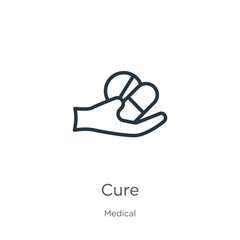 Cure icon. Thin linear cure outline icon isolated on white background from medical collection. Line vector sign, symbol for web and mobile