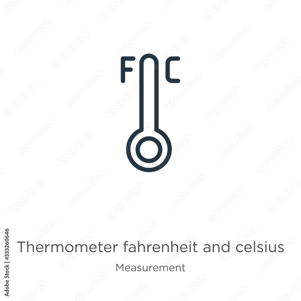 Poster thermometer fahrenheit and celsius icon. thin linear thermometer fahrenheit and celsius outline icon