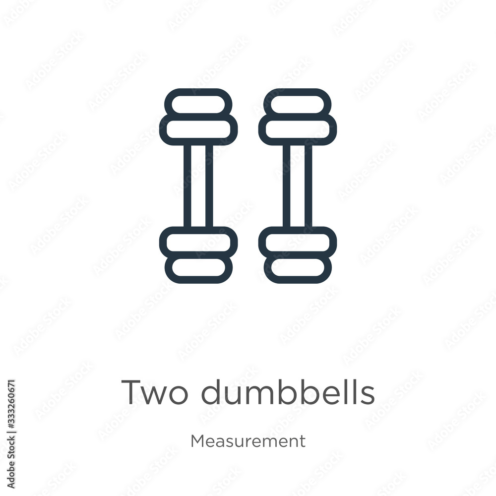 Poster two dumbbells icon. thin linear two dumbbells outline icon isolated on white background from measure