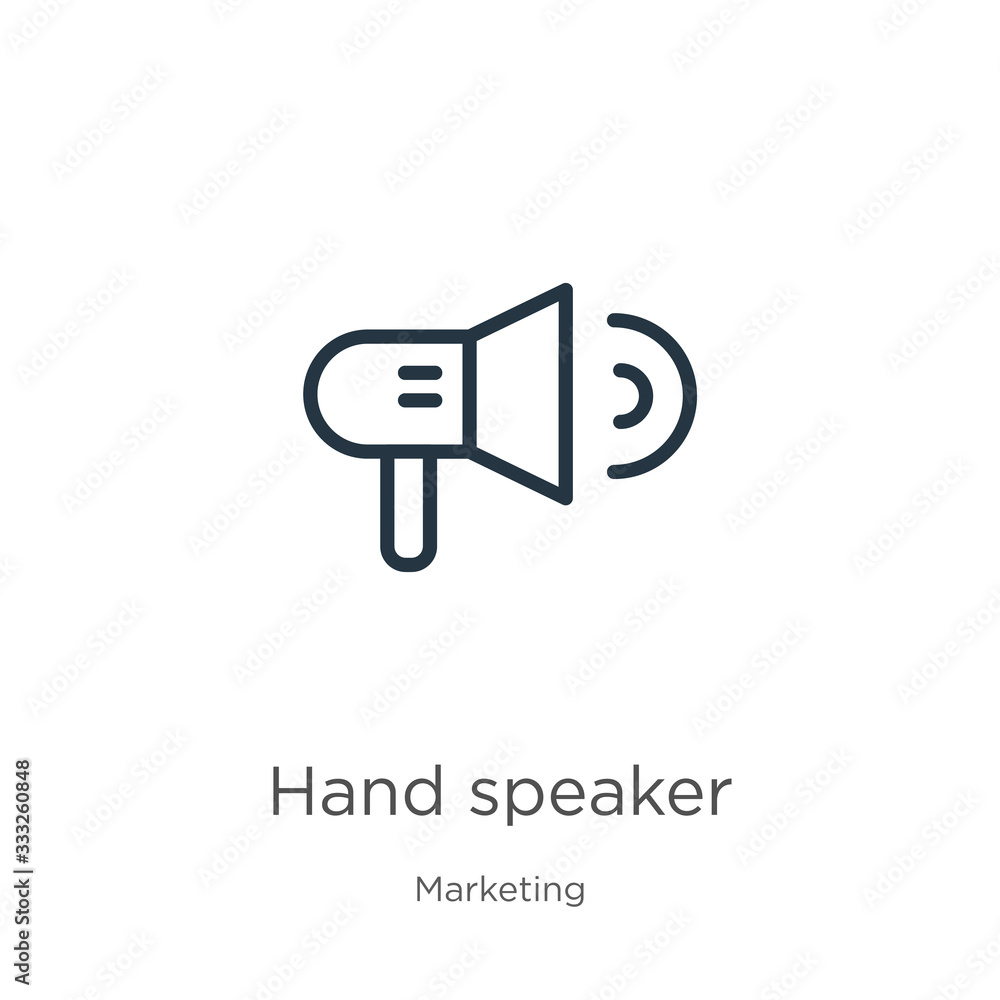 Poster hand speaker icon. thin linear hand speaker outline icon isolated on white background from marketing