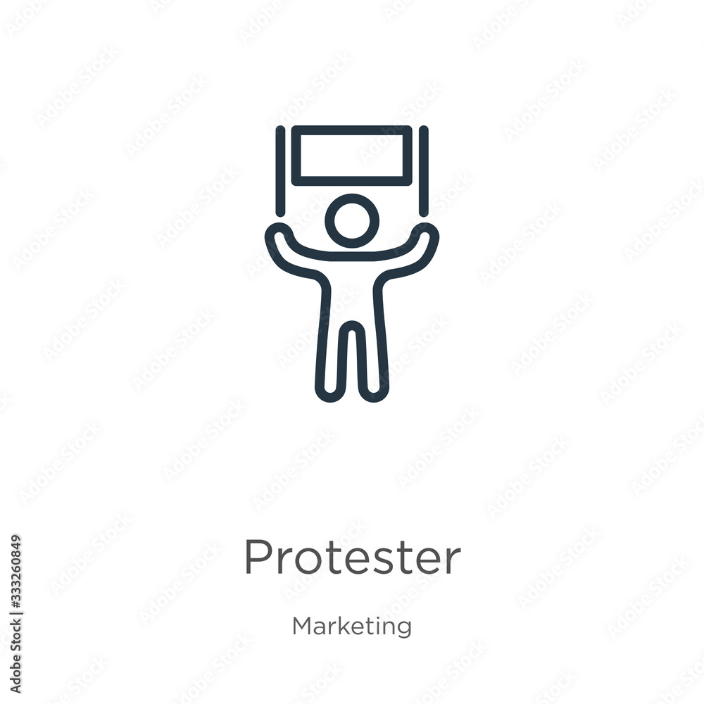 Poster protester icon. thin linear protester outline icon isolated on white background from marketing colle