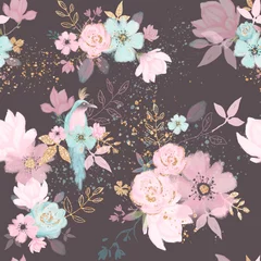 Fototapete Hell-pink Nahtloses Blumenmuster mit blauem Vogel, rosafarbenen Blumen, Goldblättern. Tapete fürs Kinderzimmer