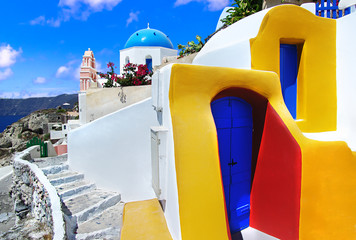 Unique architecture in cycladic style of beautiful Santorini island. colorful Greece series