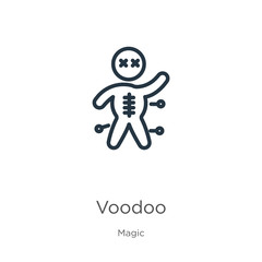 Voodoo icon. Thin linear voodoo outline icon isolated on white background from magic collection. Line vector sign, symbol for web and mobile