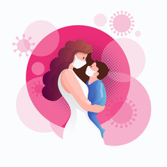 Mother and her child are wearing masks to prevent epidemic coronavirus COVID-19.