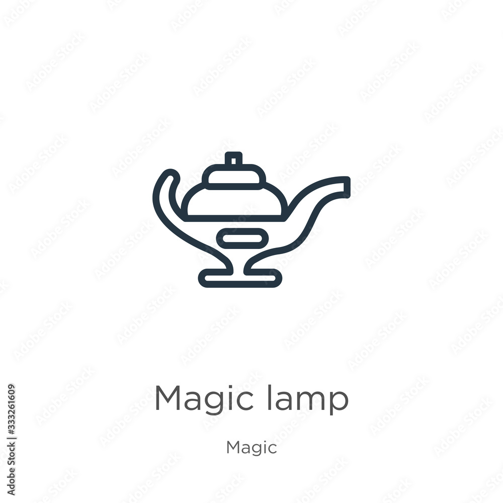 Poster magic lamp icon. thin linear magic lamp outline icon isolated on white background from magic collect