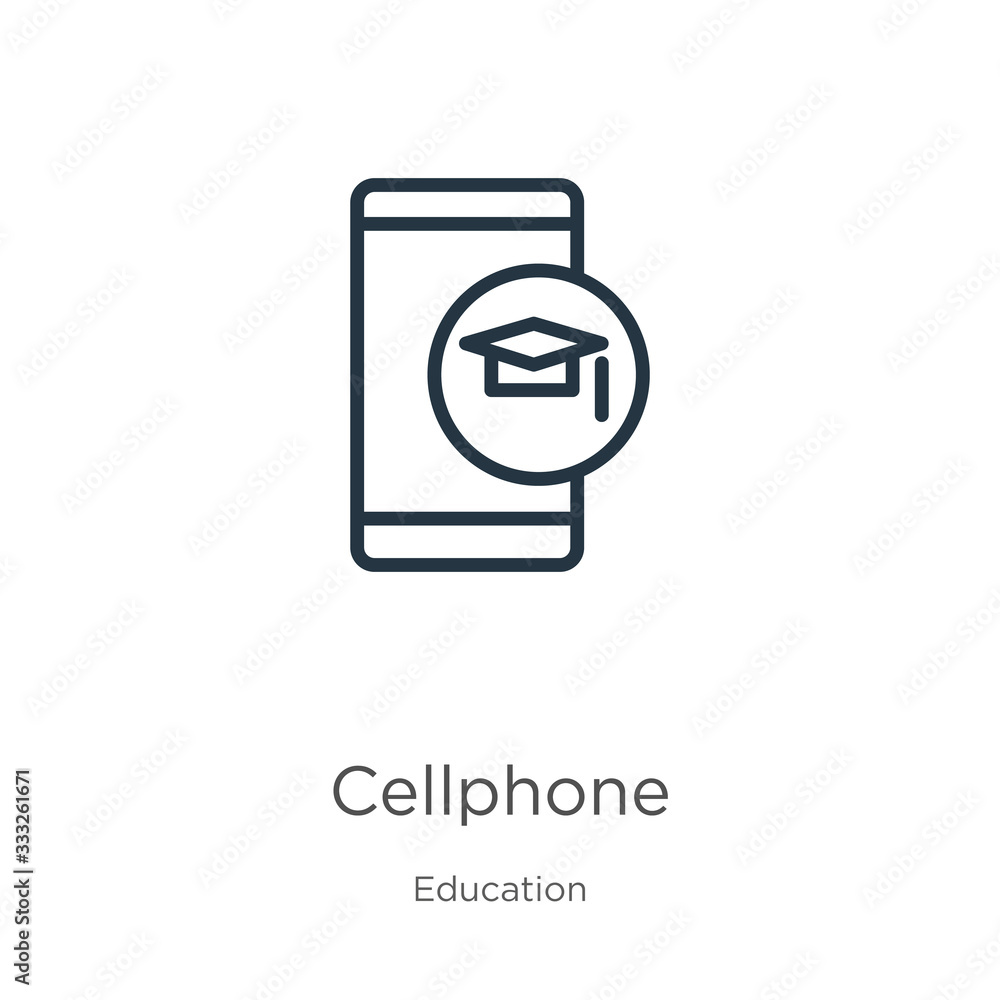 Poster cellphone icon. thin linear cellphone outline icon isolated on white background from education colle