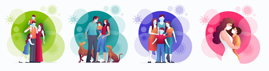 Family is wearing masks to prevent epidemic coronavirus COVID-19.