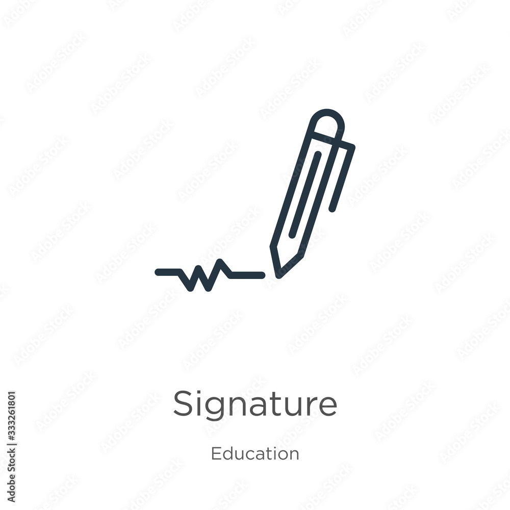 Poster signature icon. thin linear signature outline icon isolated on white background from education colle