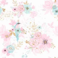 Obraz na płótnie Canvas Floral seamless pattern with blue bird, pink flowes, gold leaves. Kids room wallpaper