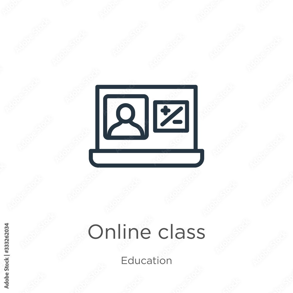 Poster online class icon. thin linear online class outline icon isolated on white background from education