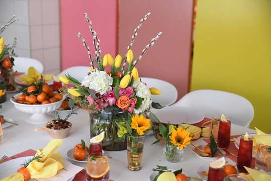 brunch tablescape with floral arrangement