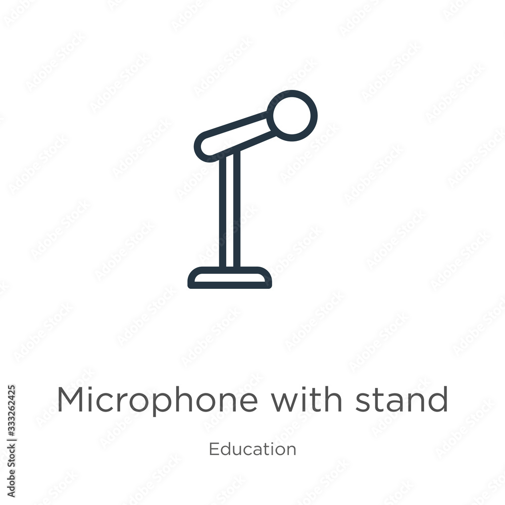 Poster microphone with stand icon. thin linear microphone with stand outline icon isolated on white backgro