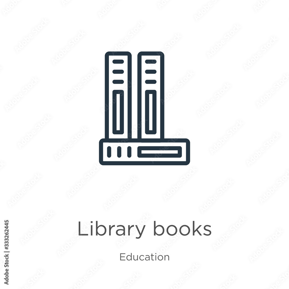 Poster library books icon. thin linear library books outline icon isolated on white background from educati