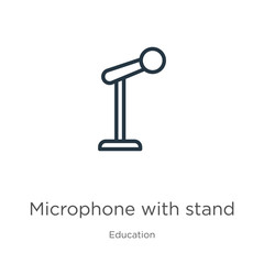 Microphone with stand icon. Thin linear microphone with stand outline icon isolated on white background from education collection. Line vector sign, symbol for web and mobile