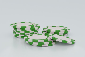 Collection realistic of isometric green & white casino chips, stack of poker chips on white background, Concept Vegas Online Casino Banner, Gambling Games Conceptual Graphic, 3d render