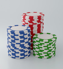 Collection realistic of isometric casino chips, stack of poker chips on white background, Concept Vegas Online Casino Banner, Gambling Games Conceptual Graphic. 3d render