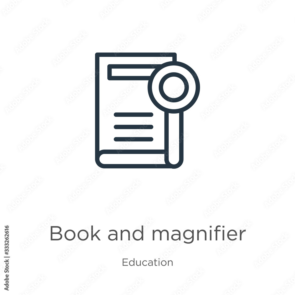 Poster book and magnifier icon. thin linear book and magnifier outline icon isolated on white background fr
