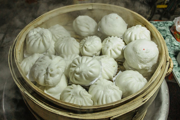 Dumplings stuffed with meat. Asian street food. Asian food. Night market. Cheap dish. ready to eat