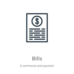Fototapeta premium Bills icon. Thin linear bills outline icon isolated on white background from e commerce and payment collection. Line vector sign, symbol for web and mobile