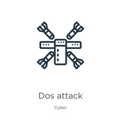 Dos attack icon. Thin linear dos attack outline icon isolated on white background from cyber collection. Line vector sign, symbol for web and mobile