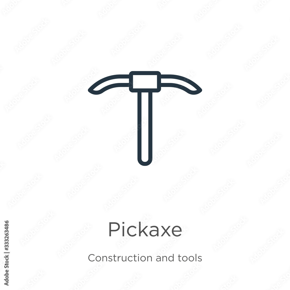 Poster pickaxe icon. thin linear pickaxe outline icon isolated on white background from construction and to