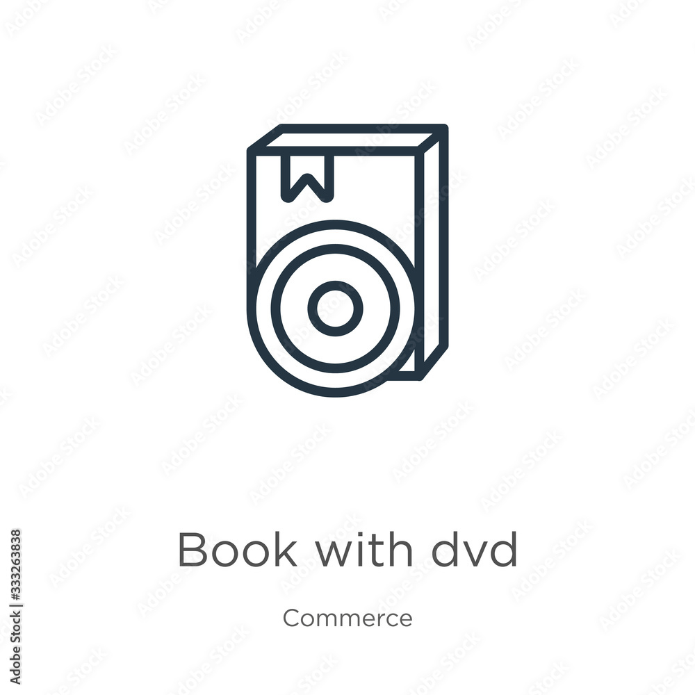 Poster book with dvd icon. thin linear book with dvd outline icon isolated on white background from commerc