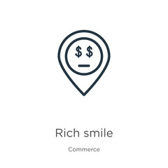 Rich smile icon. Thin linear rich smile outline icon isolated on white background from commerce and shopping collection. Line vector sign, symbol for web and mobile