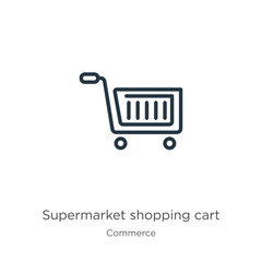 Supermarket shopping cart icon. Thin linear supermarket shopping cart outline icon isolated on white background from commerce collection. Line vector sign, symbol for web and mobile
