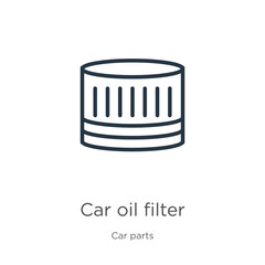 Car oil filter icon. Thin linear car oil filter outline icon isolated on white background from car parts collection. Line vector sign, symbol for web and mobile