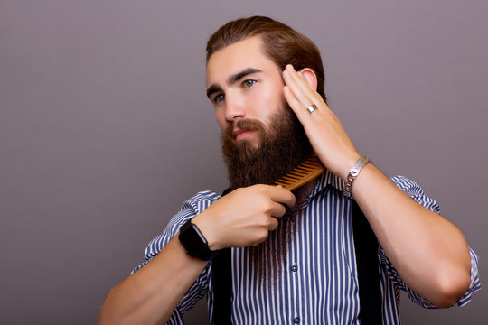 Young handsome man grooming his beard with a comb and looking away. Bearded guy combing his long  well maintained beard. Studio gray background. Copy space.