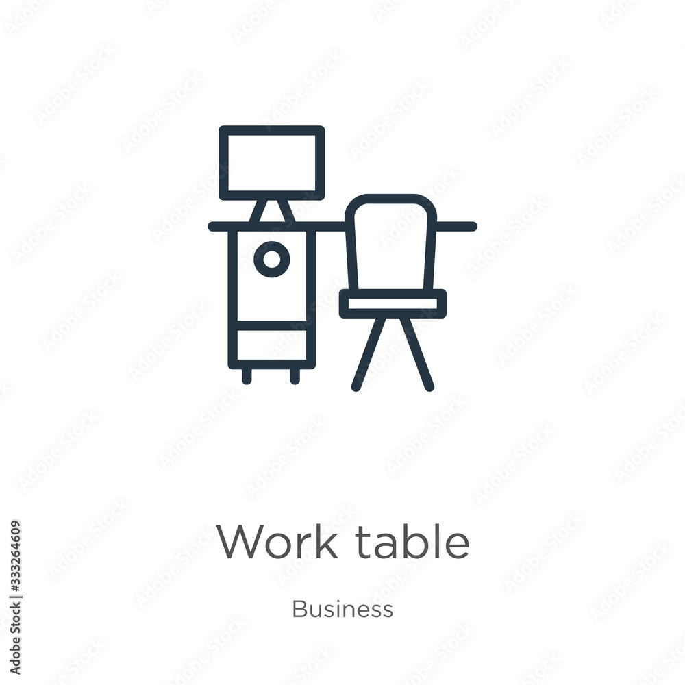 Poster work table icon. thin linear work table outline icon isolated on white background from business coll
