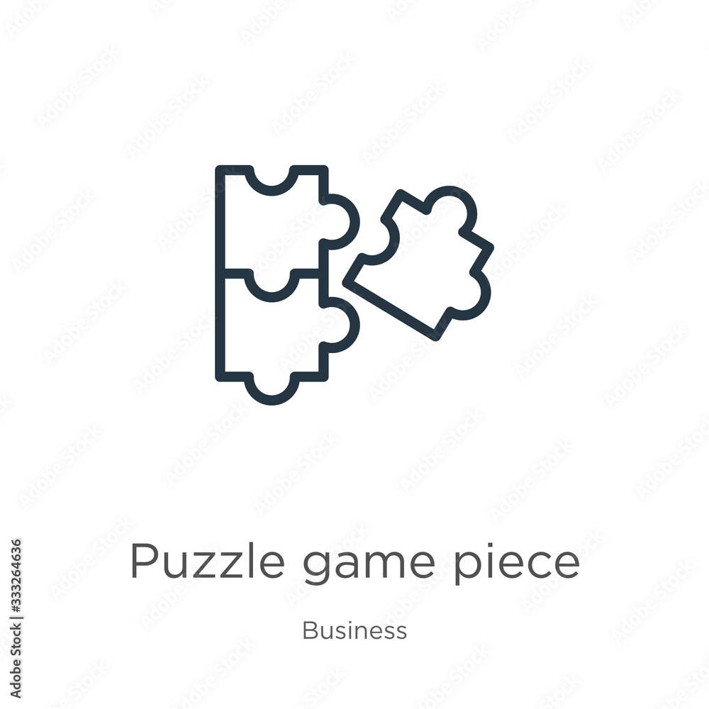 Poster puzzle game piece icon. thin linear puzzle game piece outline icon isolated on white background from