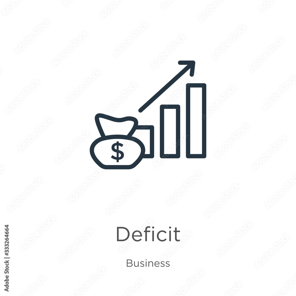 Poster deficit icon. thin linear deficit outline icon isolated on white background from business collection