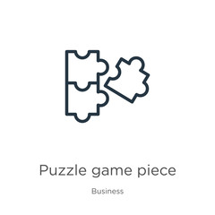 Puzzle game piece icon. Thin linear puzzle game piece outline icon isolated on white background from business collection. Line vector sign, symbol for web and mobile